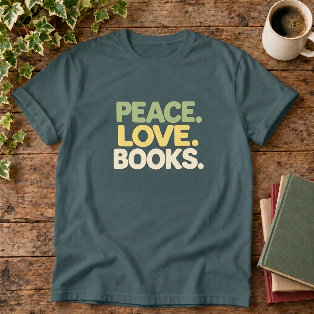 Peace love books t-shirt in Blue Spruce, rustic wood flat lay