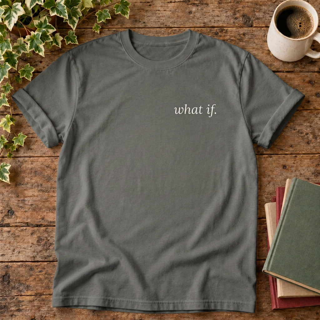 what if. Pepper t-shirt flat lay with white lettering