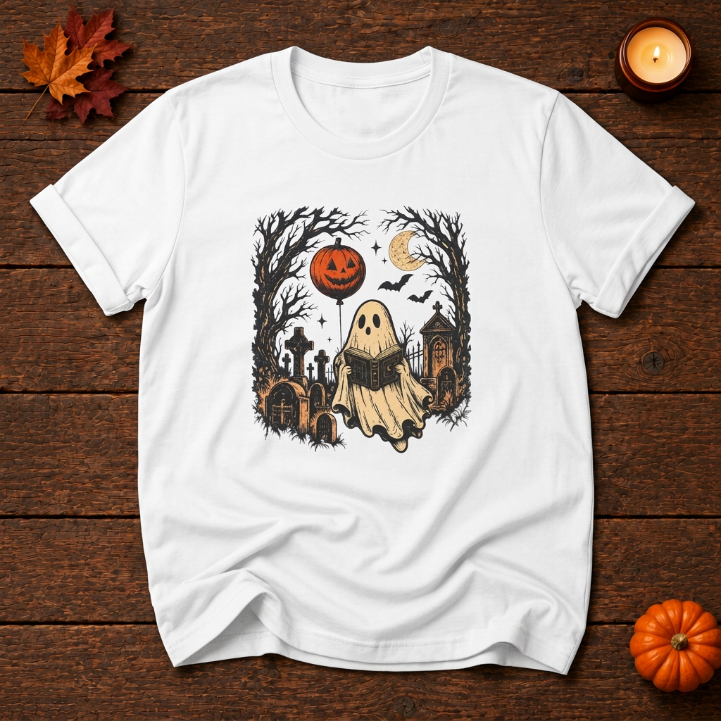 Graveyard reader front-print t-shirt in White, Halloween flat lay