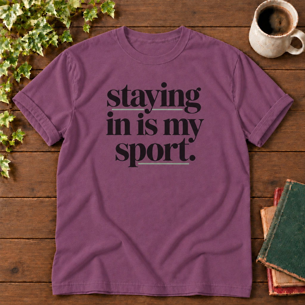 Staying in is my sport Berry, folded sleeve flat lay with smooth timber, mug and books