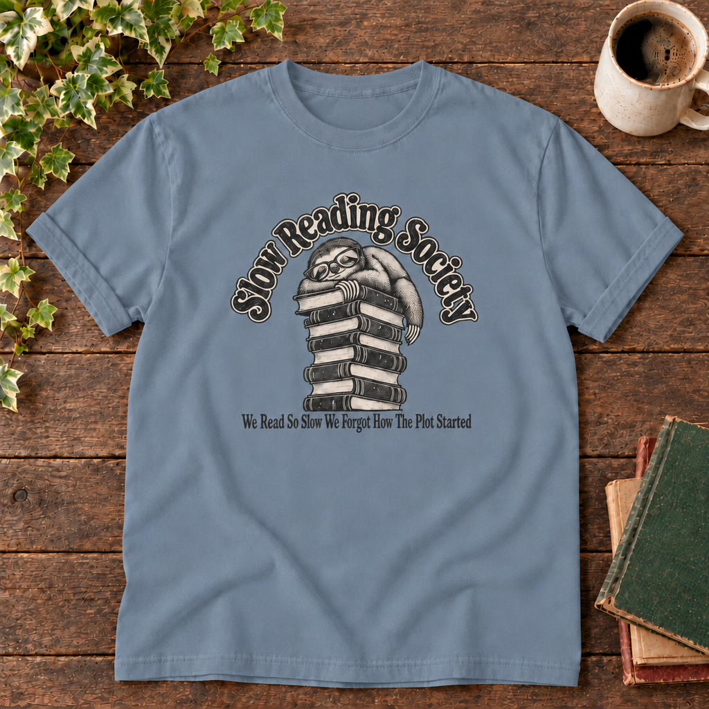 Blue Jean sloth Slow Reading Society tee with blank neckline