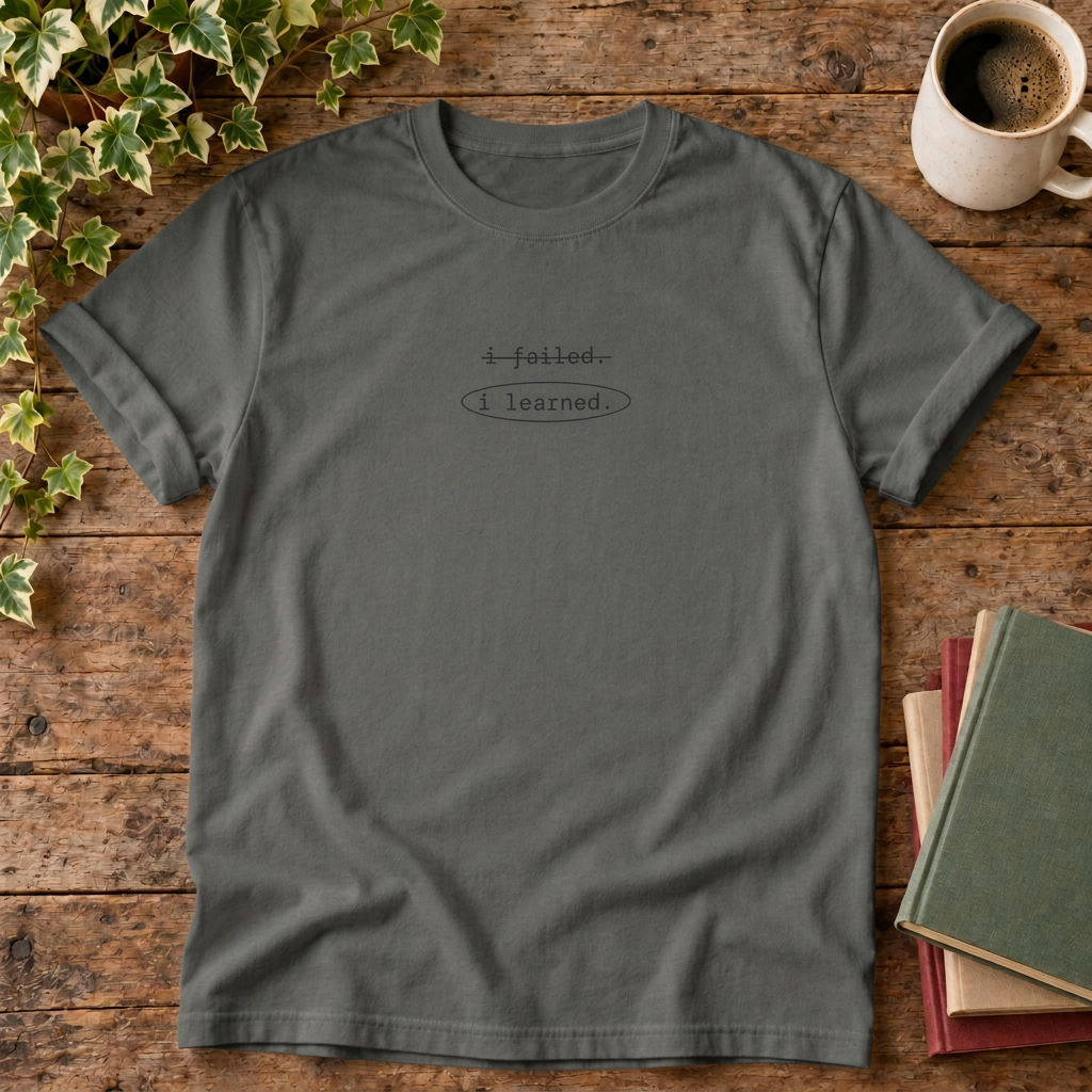 i failed, i learned. t-shirt in Pepper, rustic wood flat lay