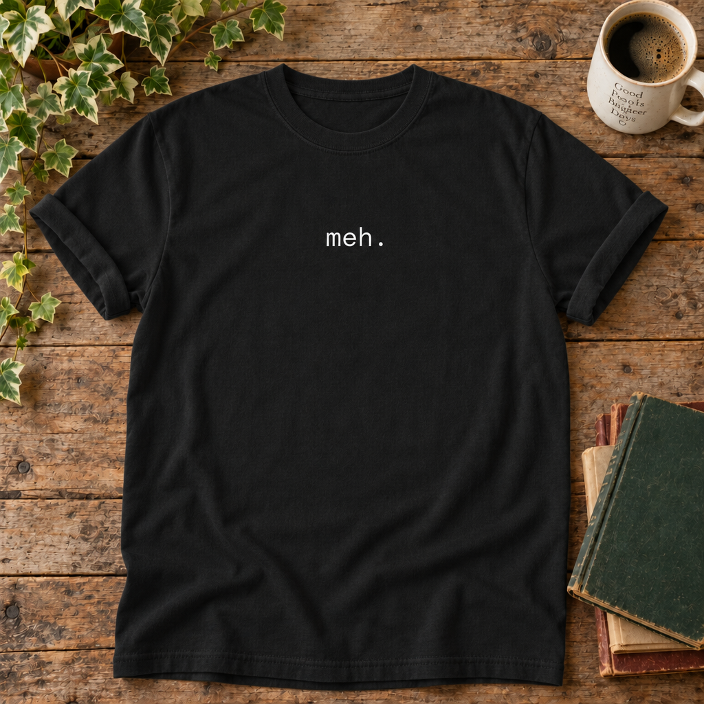 Meh Black Comfort Colors flat lay with weathered wood and blank book cover
