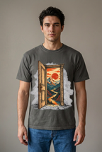 Young adult man wearing Pepper no notifications doorway graphic t-shirt