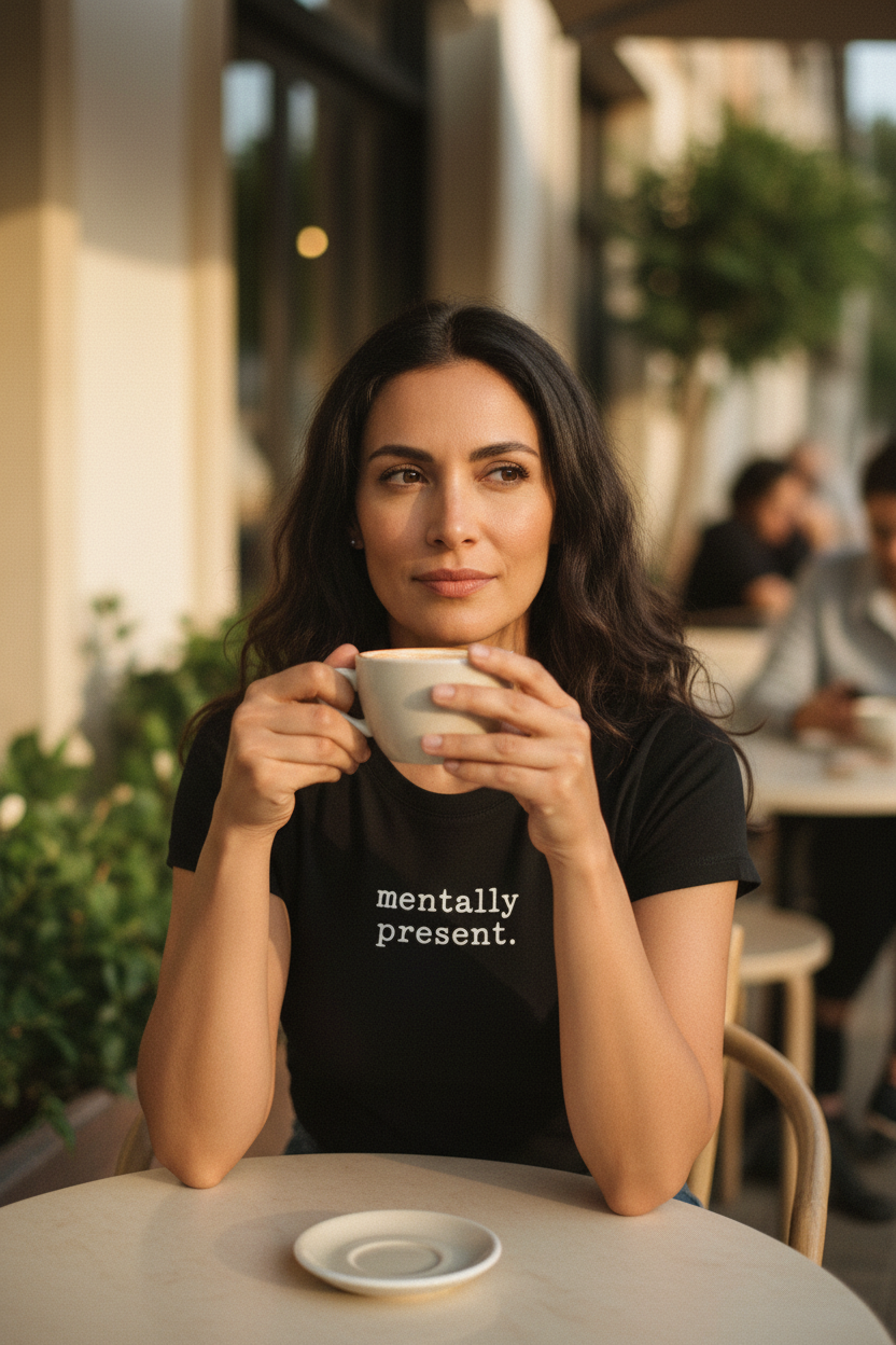 mentally present. woman in black tee holding ceramic mug at outdoor café