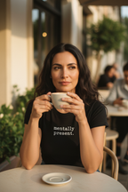 mentally present. woman in black tee holding ceramic mug at outdoor café