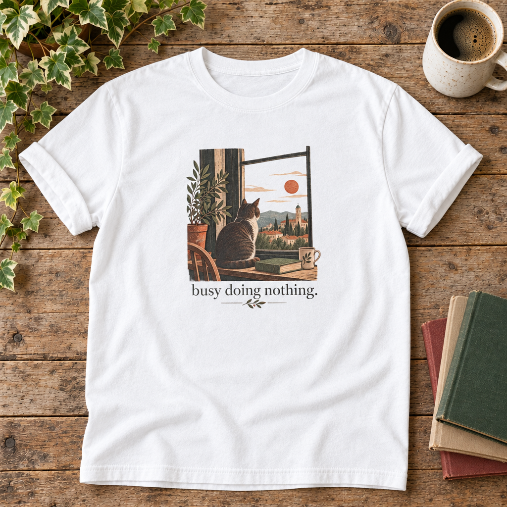 Busy doing nothing. White cat at window t-shirt flat lay