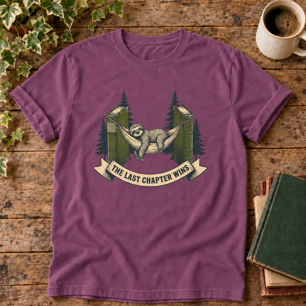 Slow Reading Society tee in Berry with books and coffee
