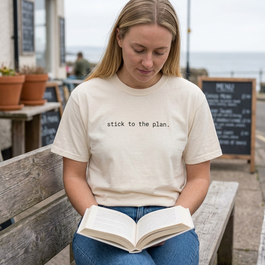 Blonde woman sitting reading wearing Stick to the plan T-shirt in Ivory