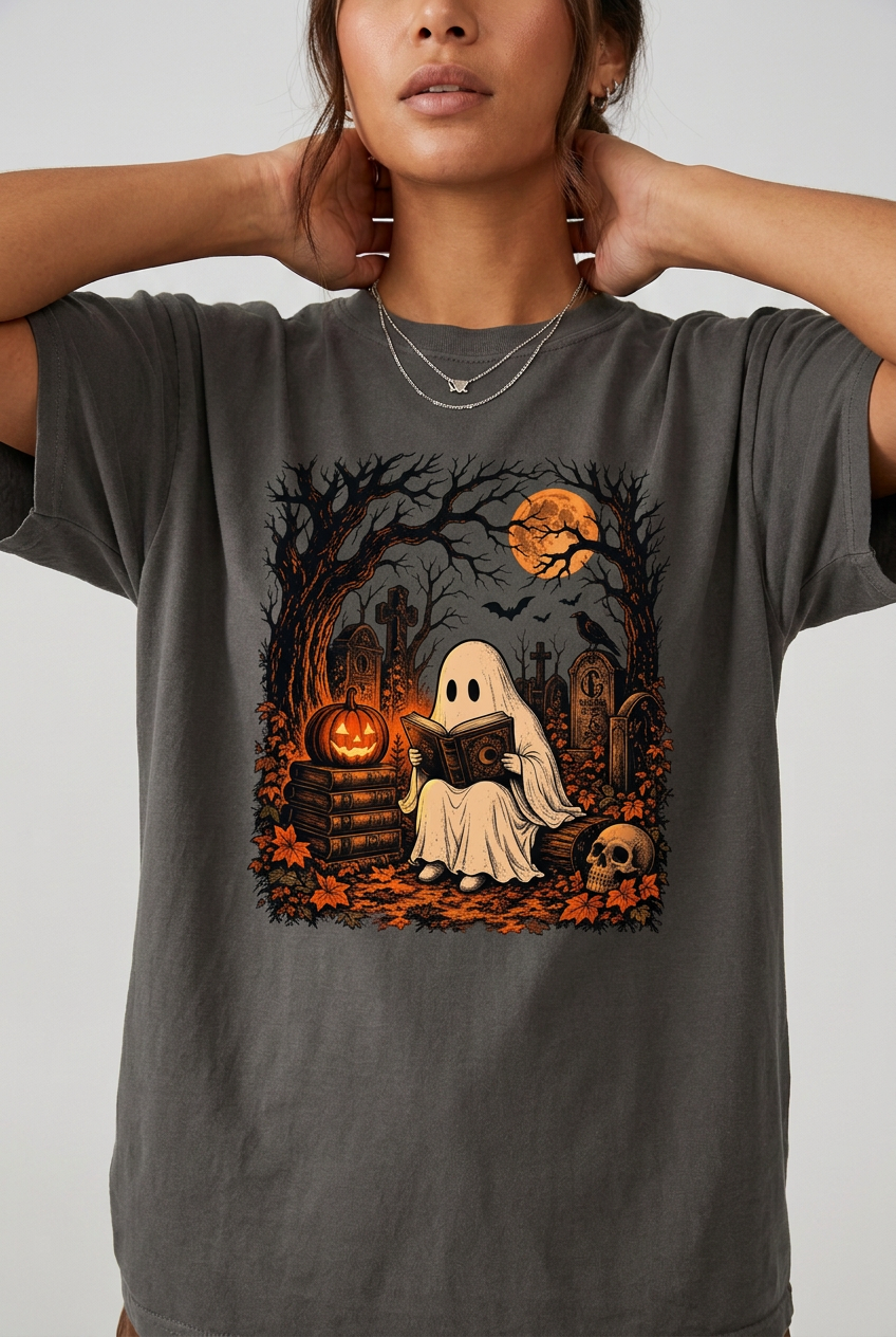 Close-up of model wearing the spooky ghost cemetery t-shirt in Pepper