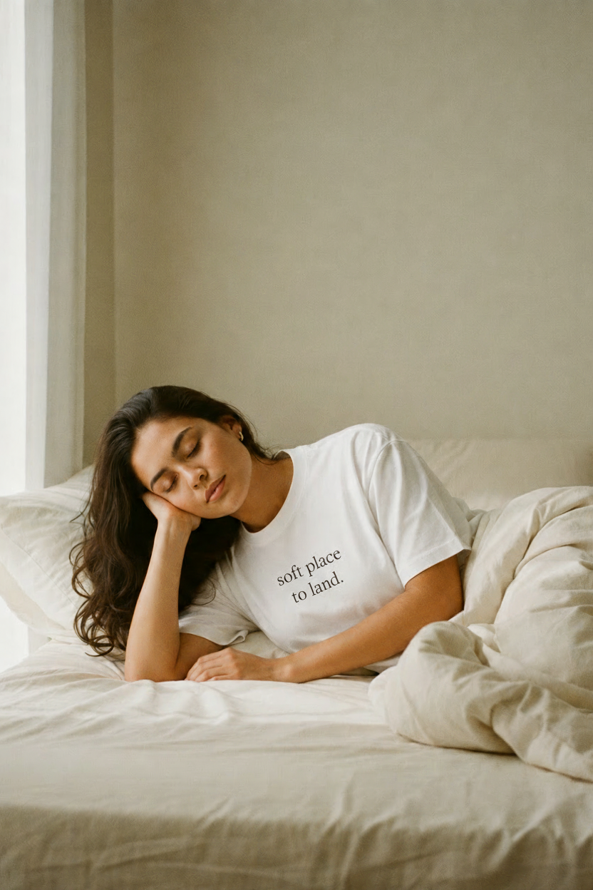 soft place to land. — woman on linen bed, white Comfort Colors relaxed fit