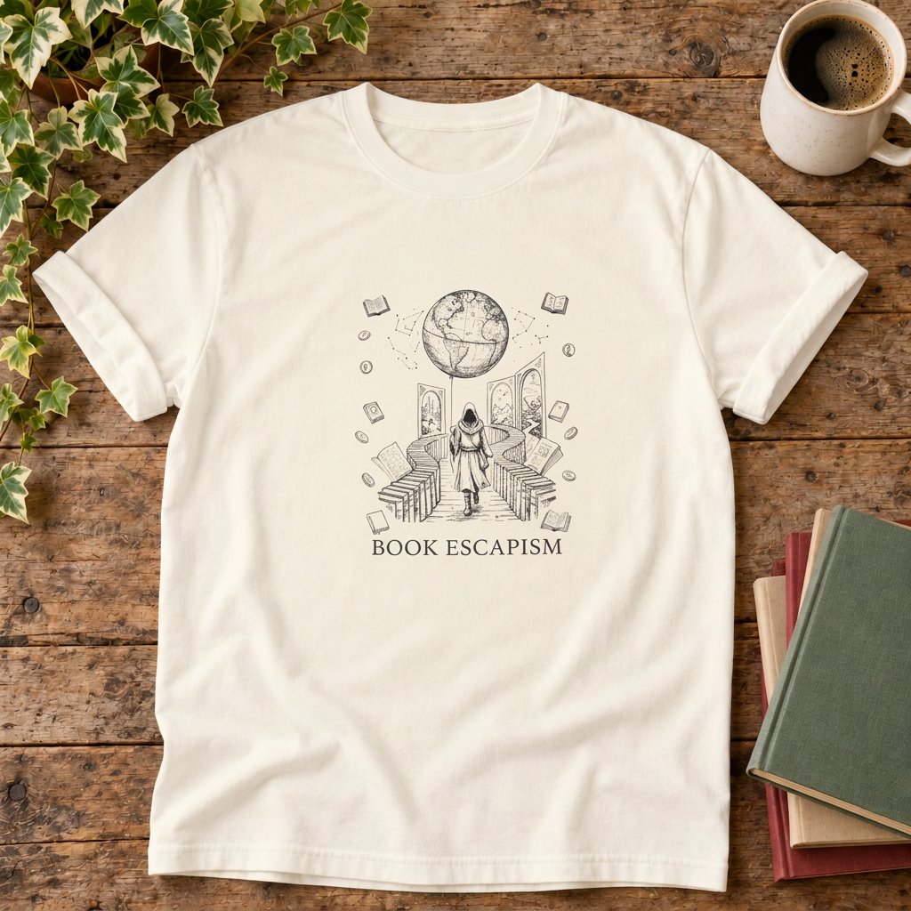 Book escapism reader t-shirt in Ivory, rustic flat lay