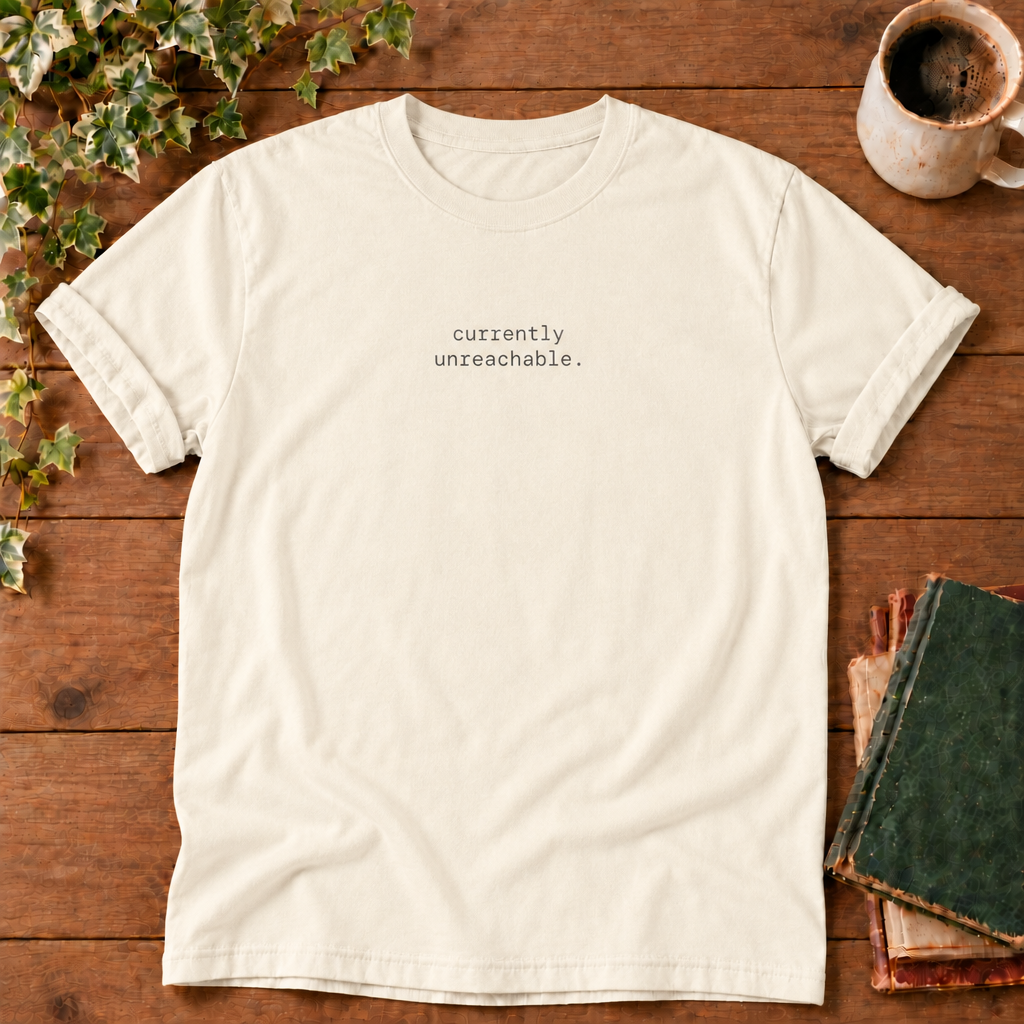 Currently unreachable. Ivory t-shirt flat lay