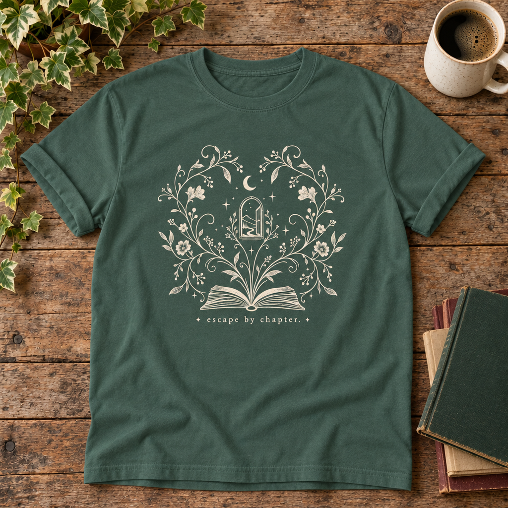 Escape by chapter Blue Spruce t-shirt flat lay