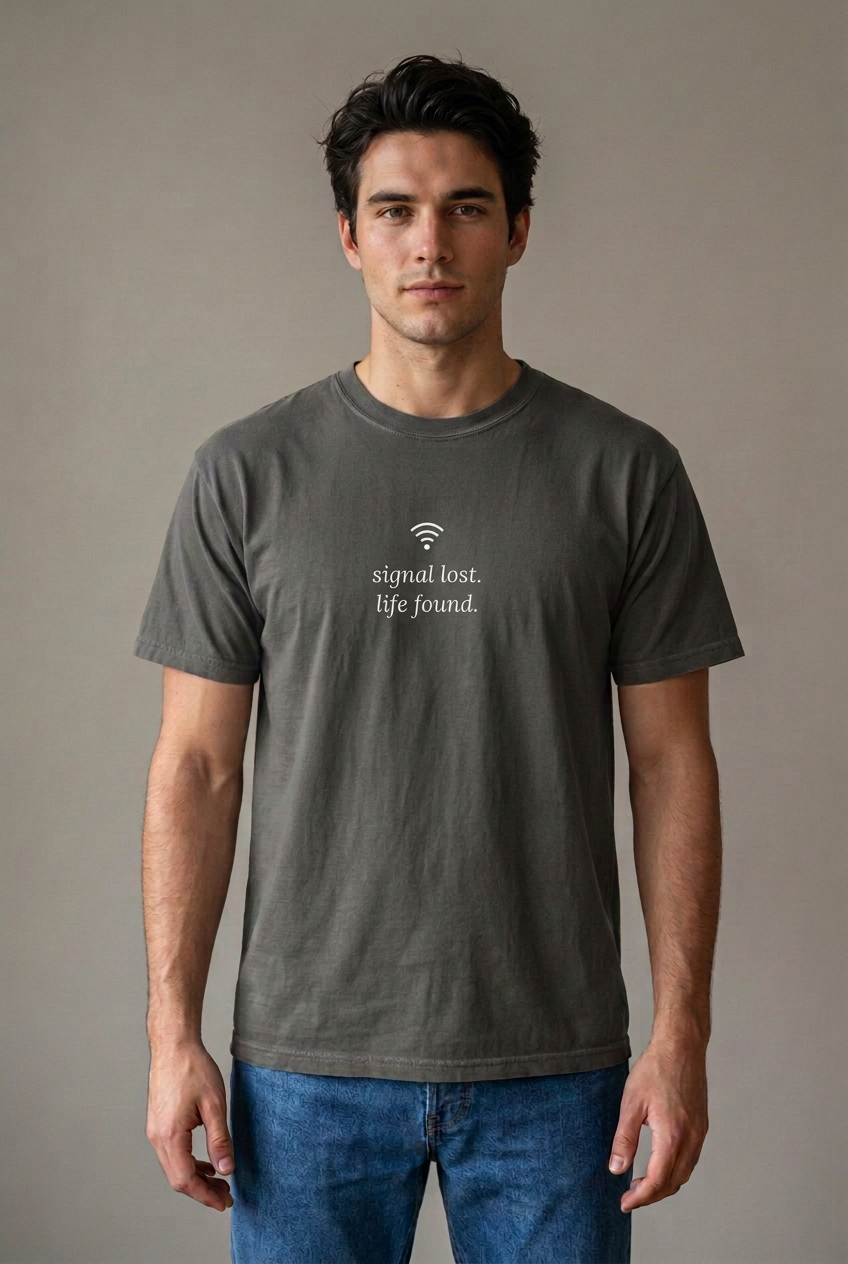 Adult man wearing Pepper signal lost. life found. t-shirt