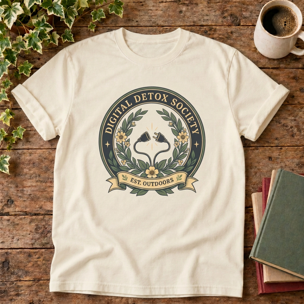 Digital detox society t-shirt in Ivory, rustic flat lay with corrected larger graphic