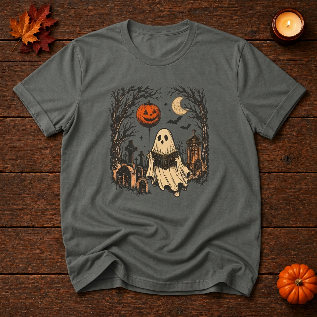 Graveyard reader front-print t-shirt in Pepper, Halloween flat lay with leaves candle and pumpkin