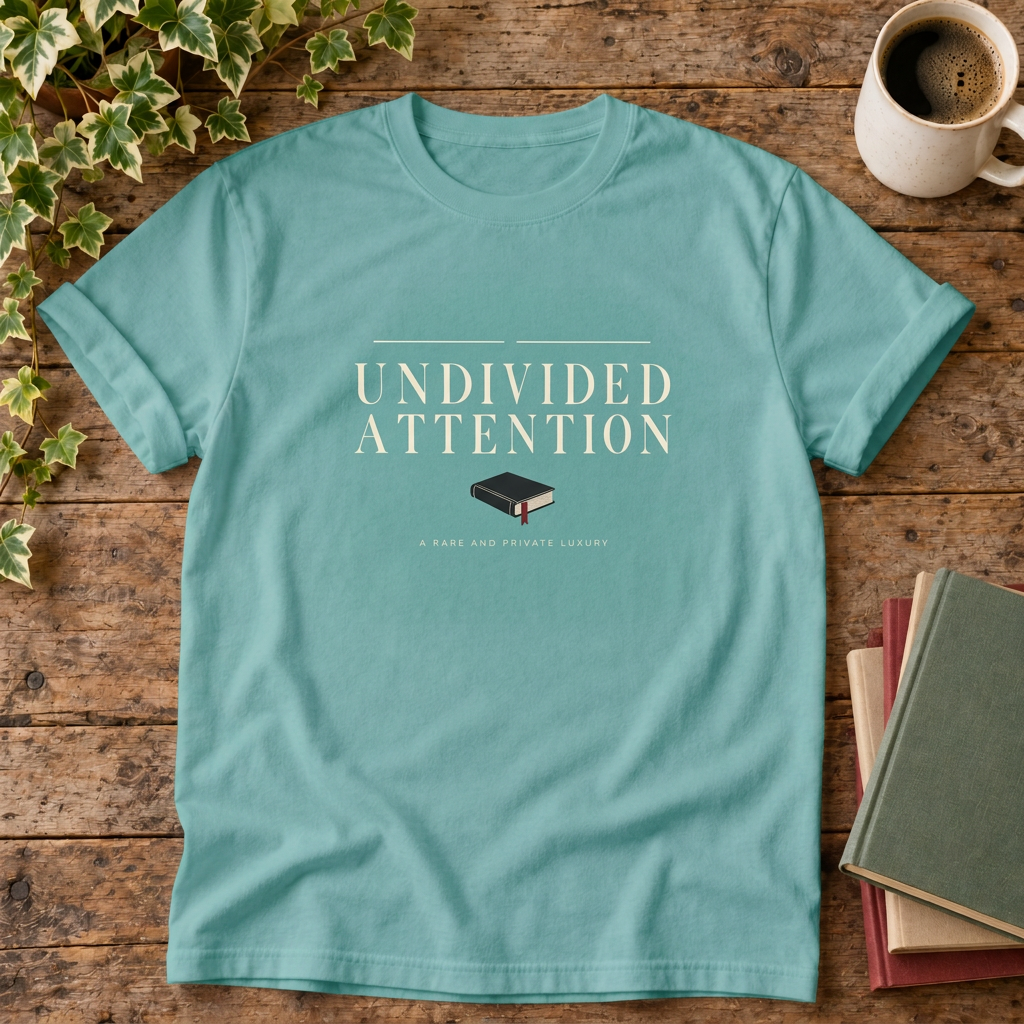 Undivided attention Seafoam T-shirt wood-and-books flat lay