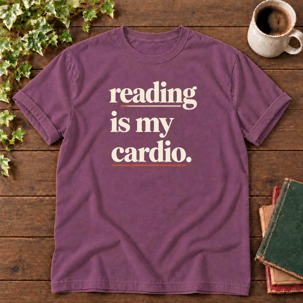 Reading is my cardio Berry, smooth timber, aligned coffee mug and green red tan books