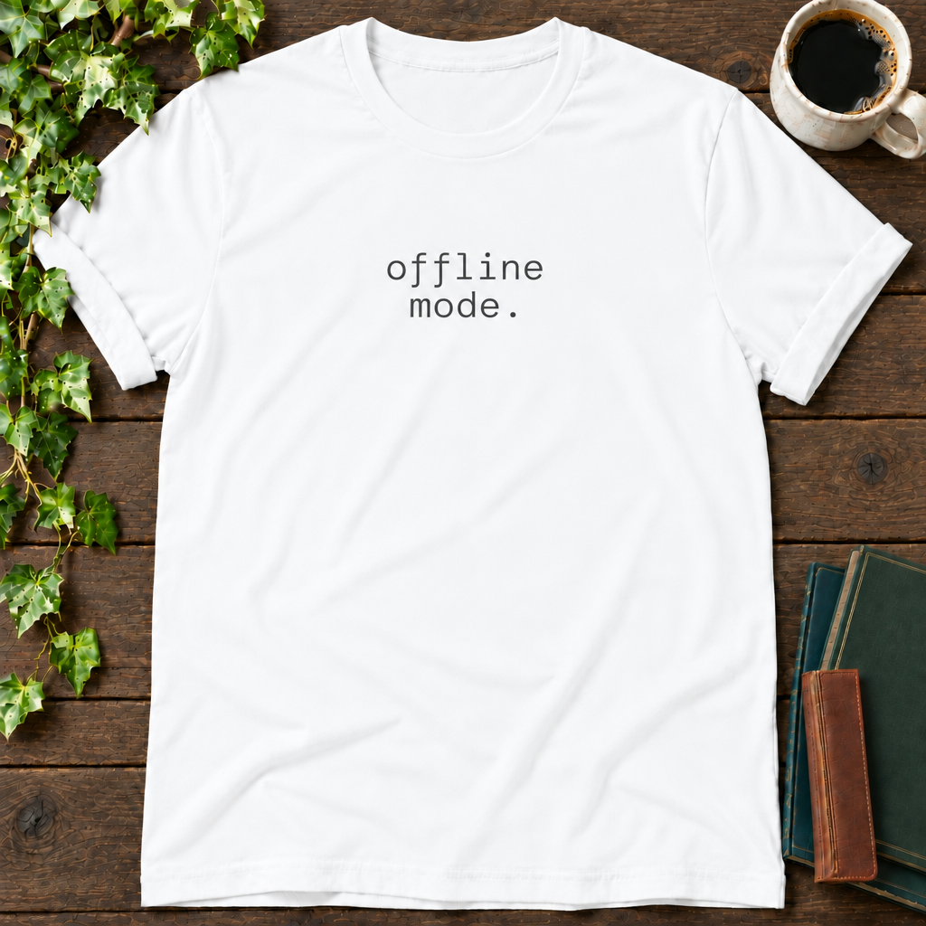 offline mode nature. white t-shirt front flat lay