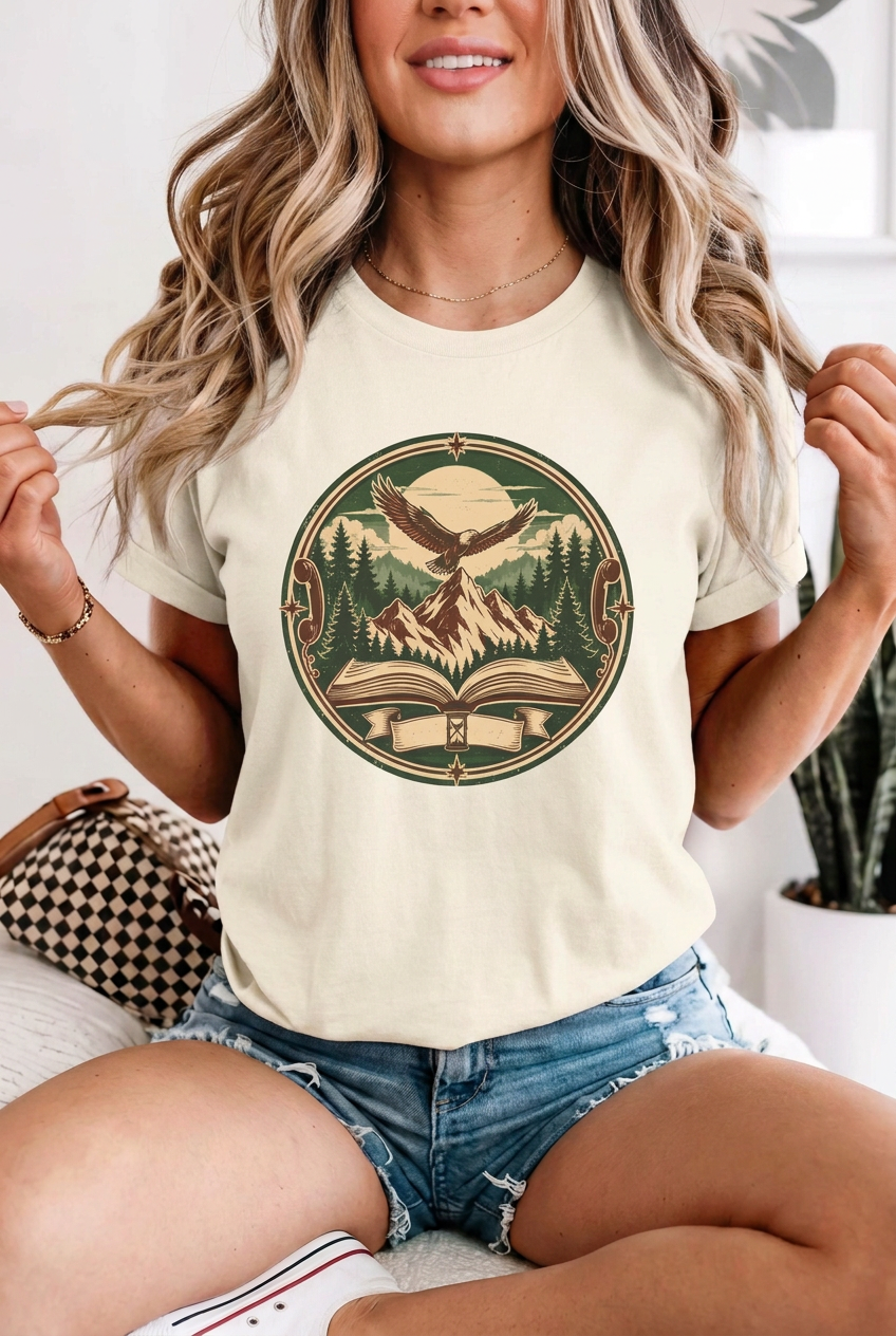 Seated blonde model in denim shorts wearing mountain adventure vintage t-shirt in Ivory