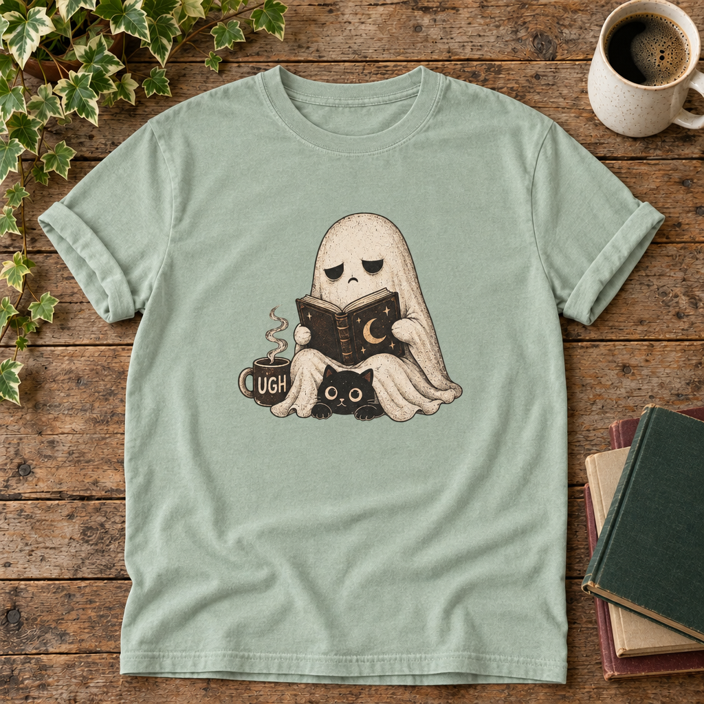 Ghost reading Bay t-shirt flat lay