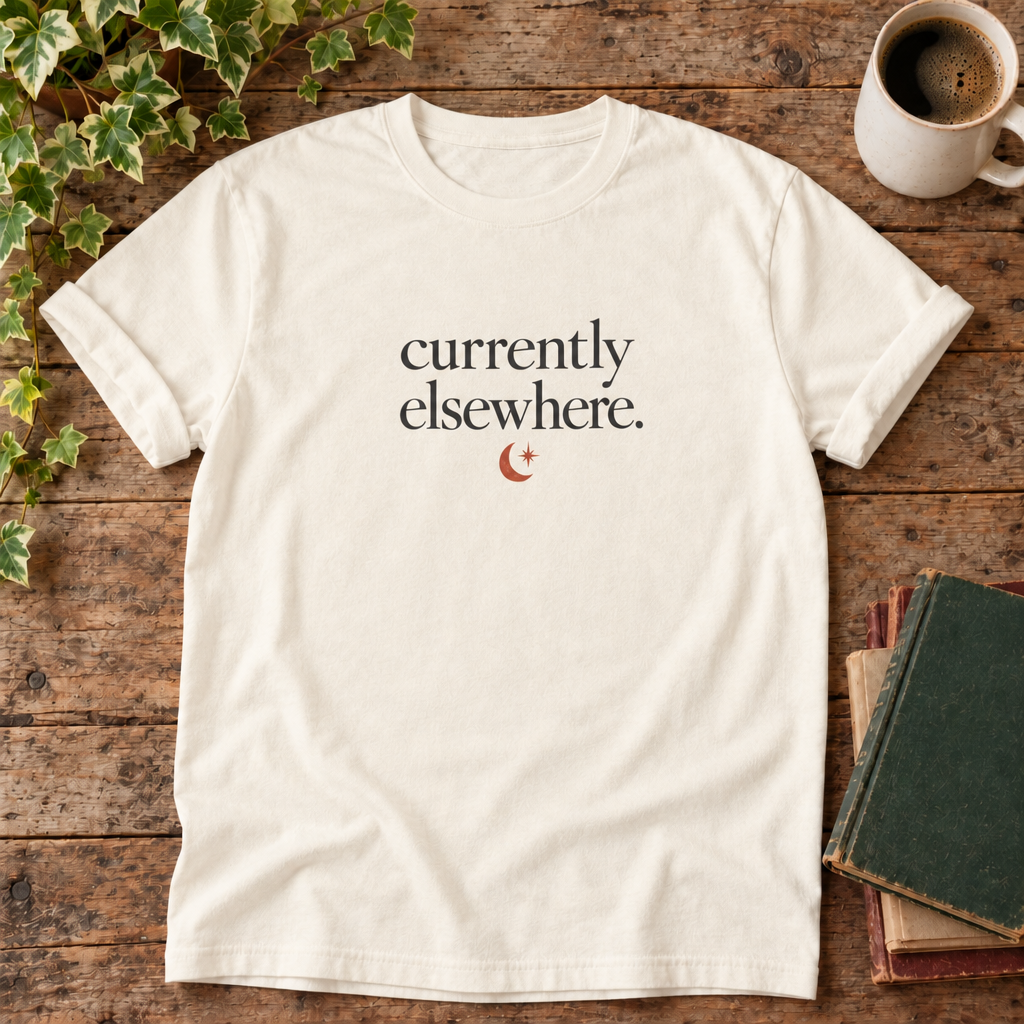Currently elsewhere. Ivory t-shirt flat lay