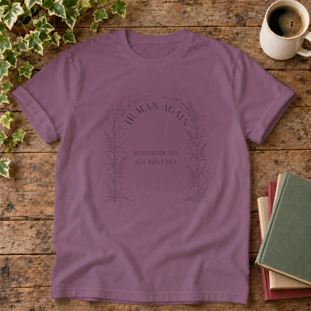 Human again t-shirt in Berry, rustic flat lay with botanical arch design