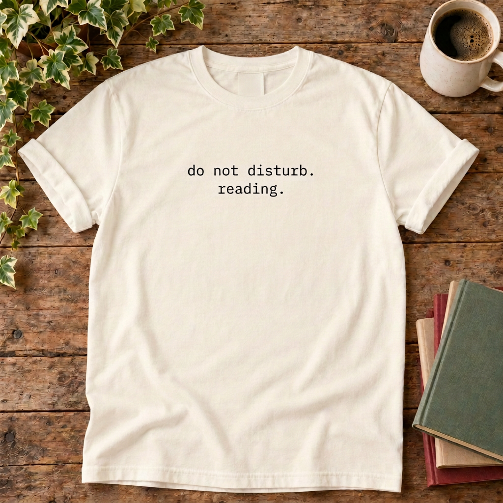 Do not disturb reading T-shirt in Ivory, flat lay with blank neck label