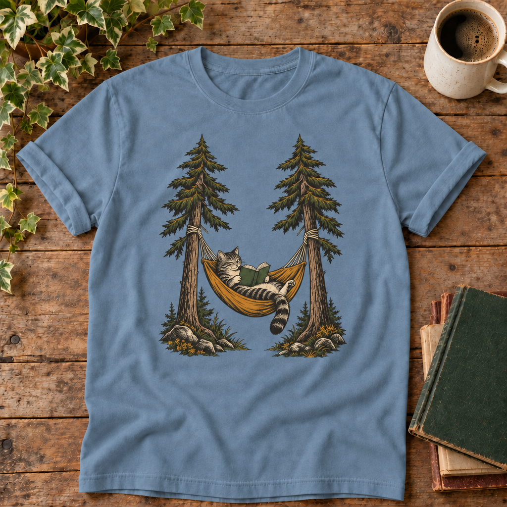 Cat reading in a hammock on Blue Jean tee