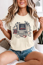 Blonde adult model wearing the Ivory Reality error 404 t-shirt with denim shorts