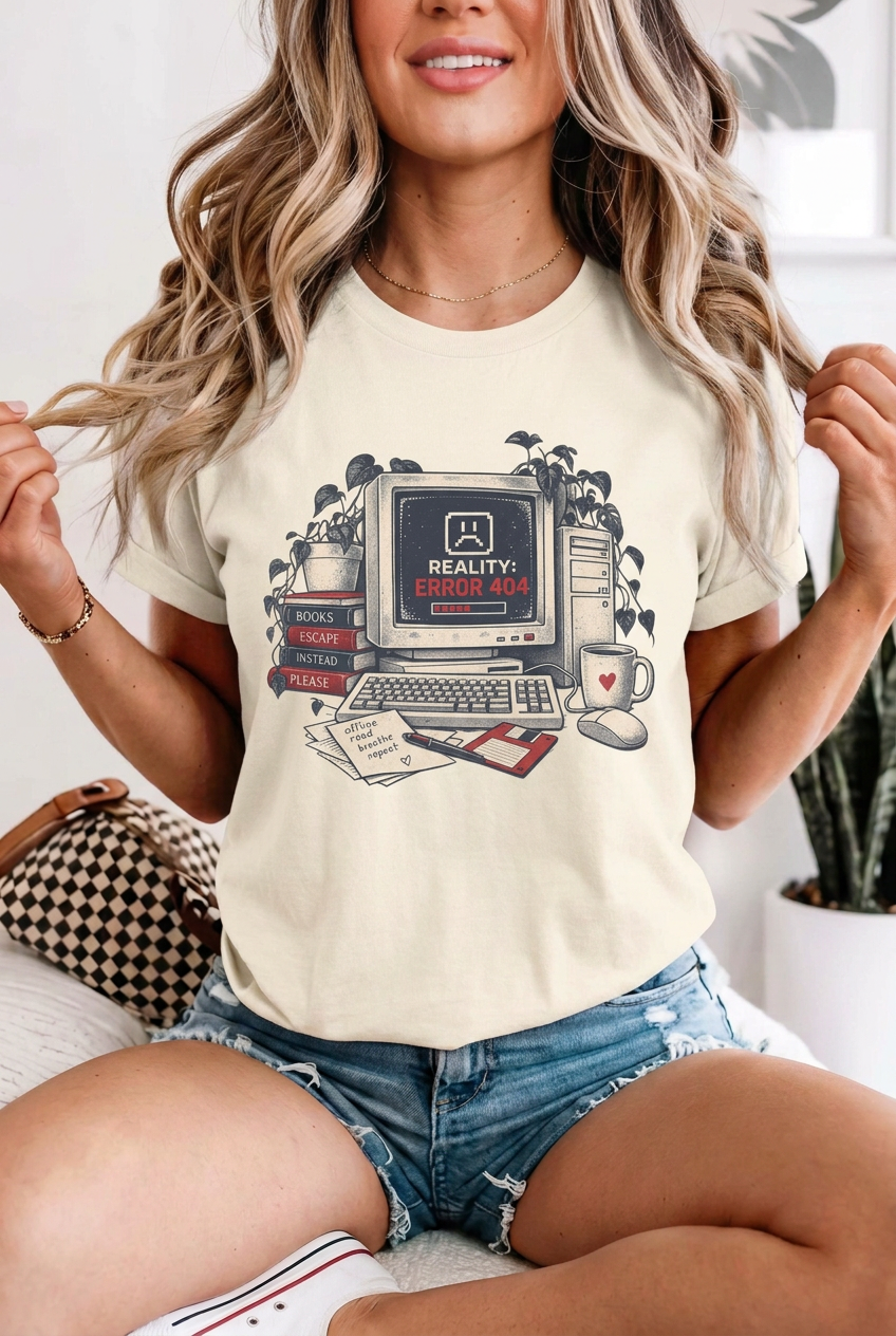 Blonde adult model wearing the Ivory Reality error 404 t-shirt with denim shorts