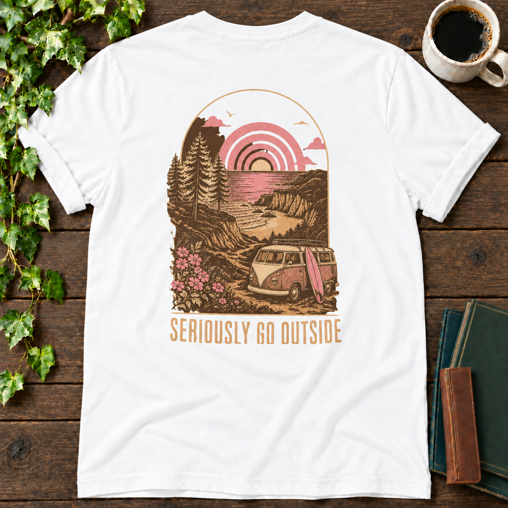 go outside. white t-shirt back print flat lay