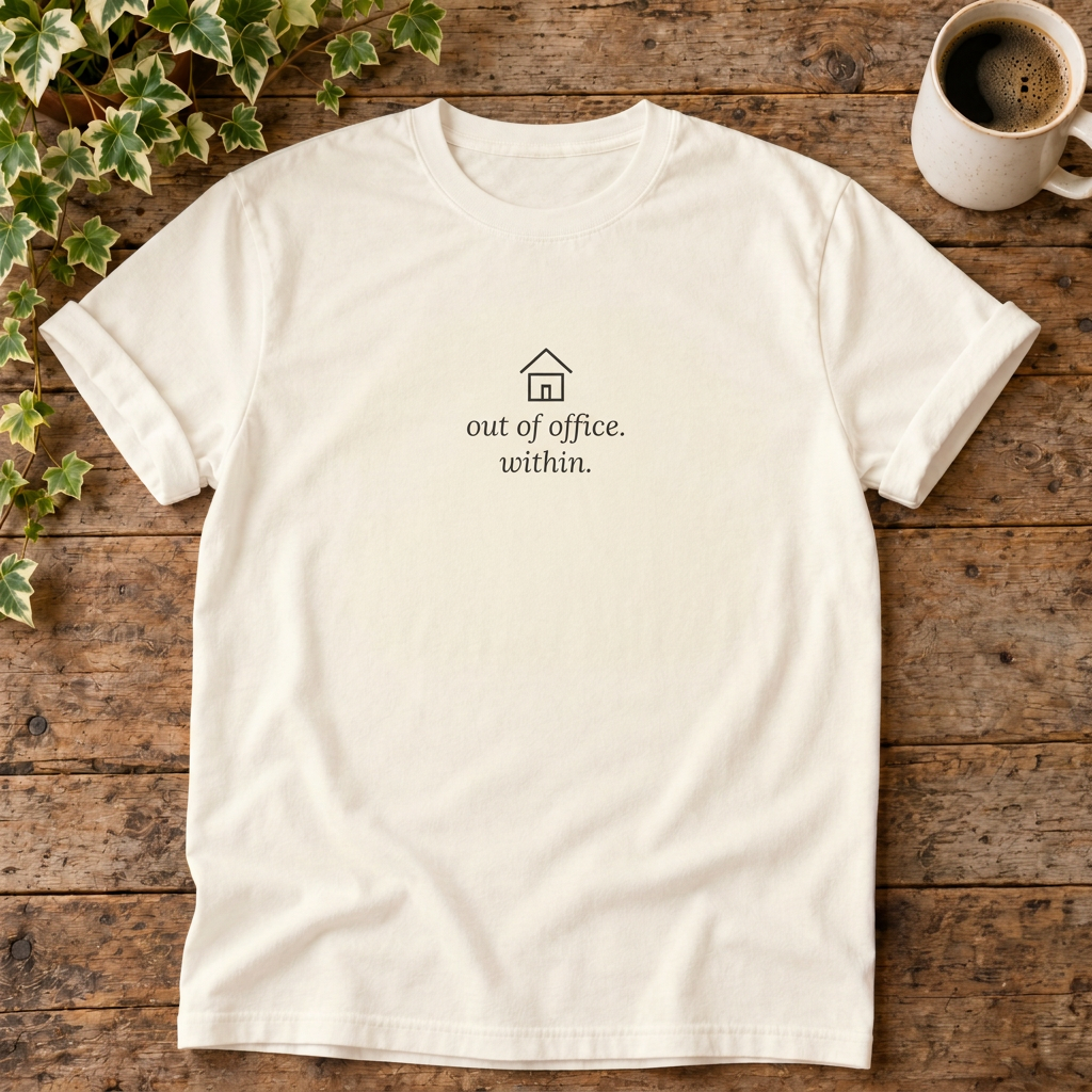 Out of office within t-shirt in Ivory, rustic flat lay
