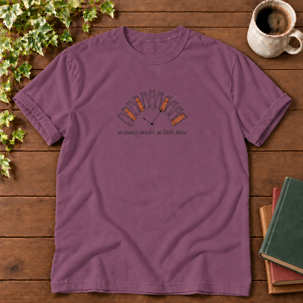 So many books so little time Berry, smooth wood and realistic green red tan book stack