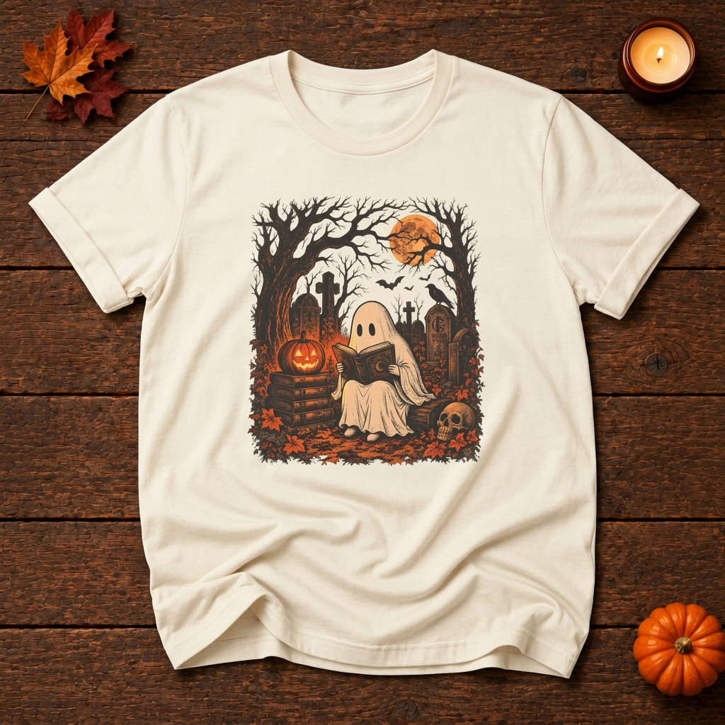 Spooky ghost cemetery front-print t-shirt in Ivory, Halloween flat lay