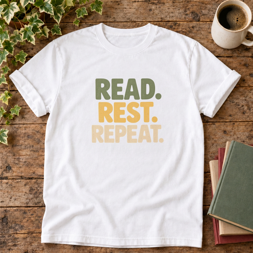 Read rest repeat t-shirt in White, rustic wood flat lay