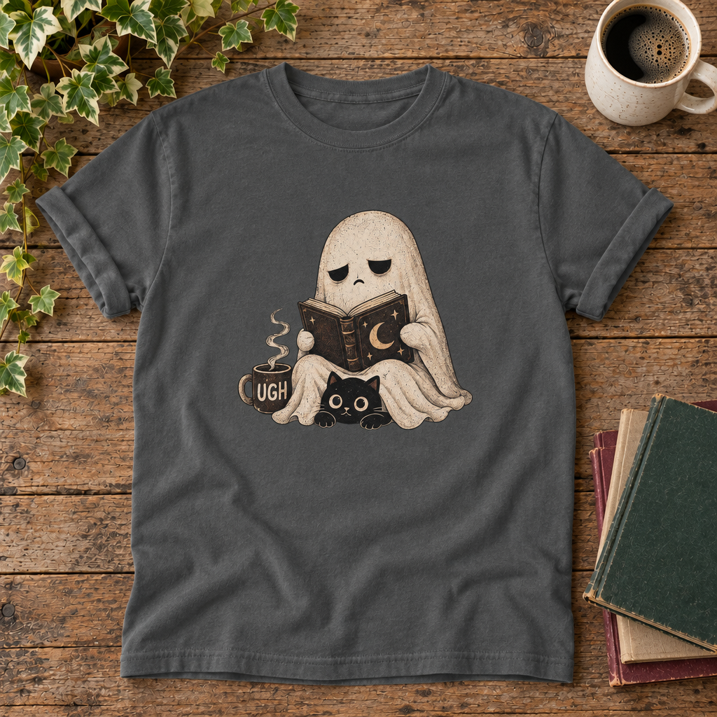 Ghost reading Pepper t-shirt flat lay