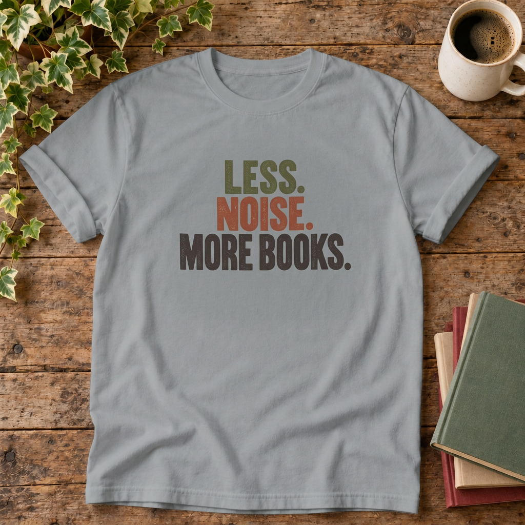 Less noise more books t-shirt in Grey, rustic wood flat lay