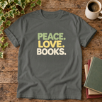 Peace love books t-shirt in Pepper, rustic wood flat lay
