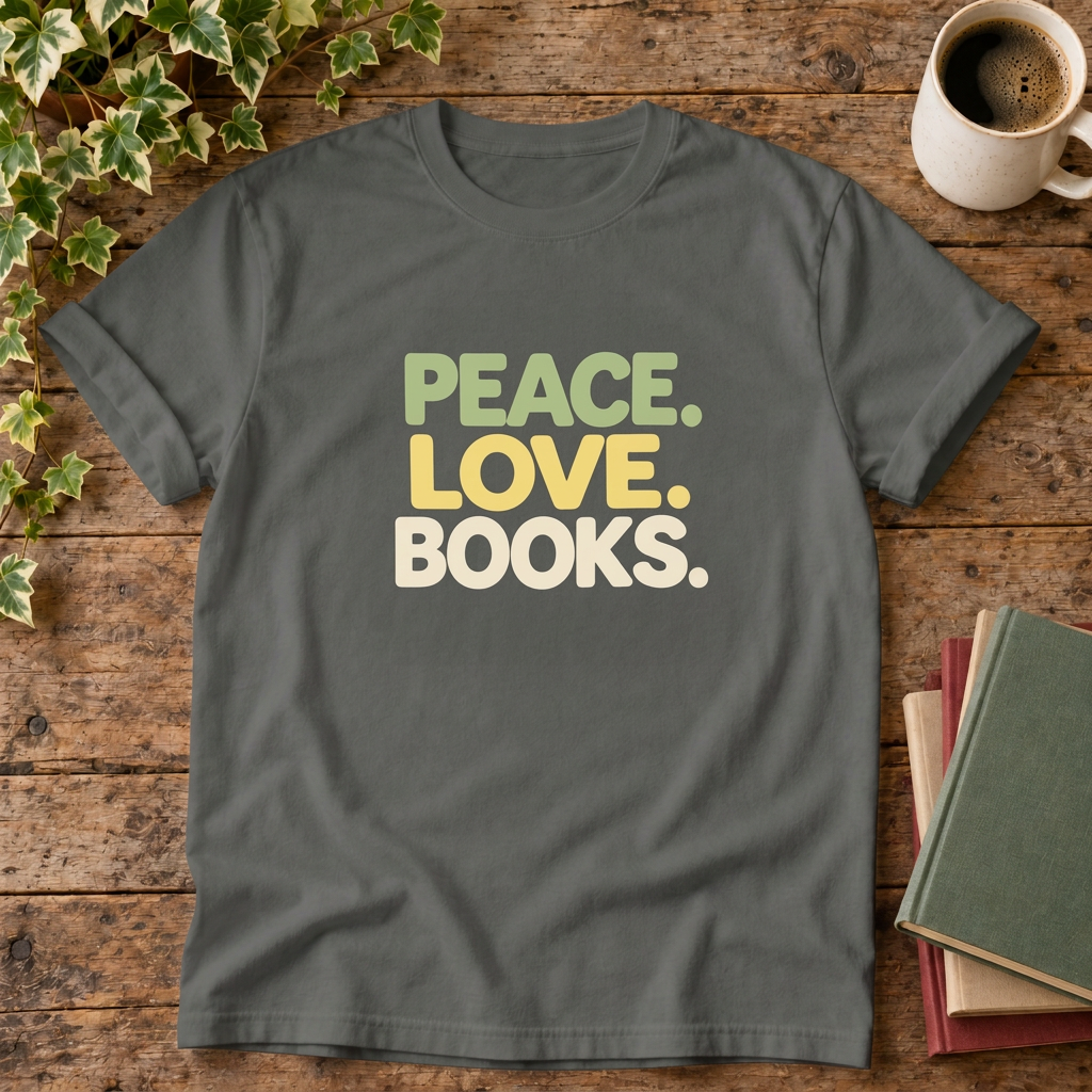 Peace love books t-shirt in Pepper, rustic wood flat lay
