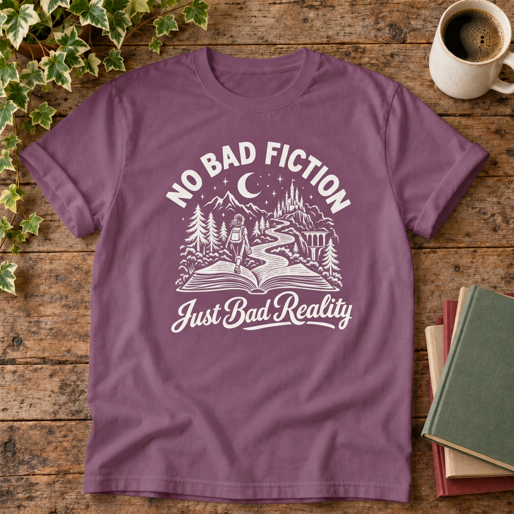 No bad fiction T-shirt in Berry, stylised flat lay