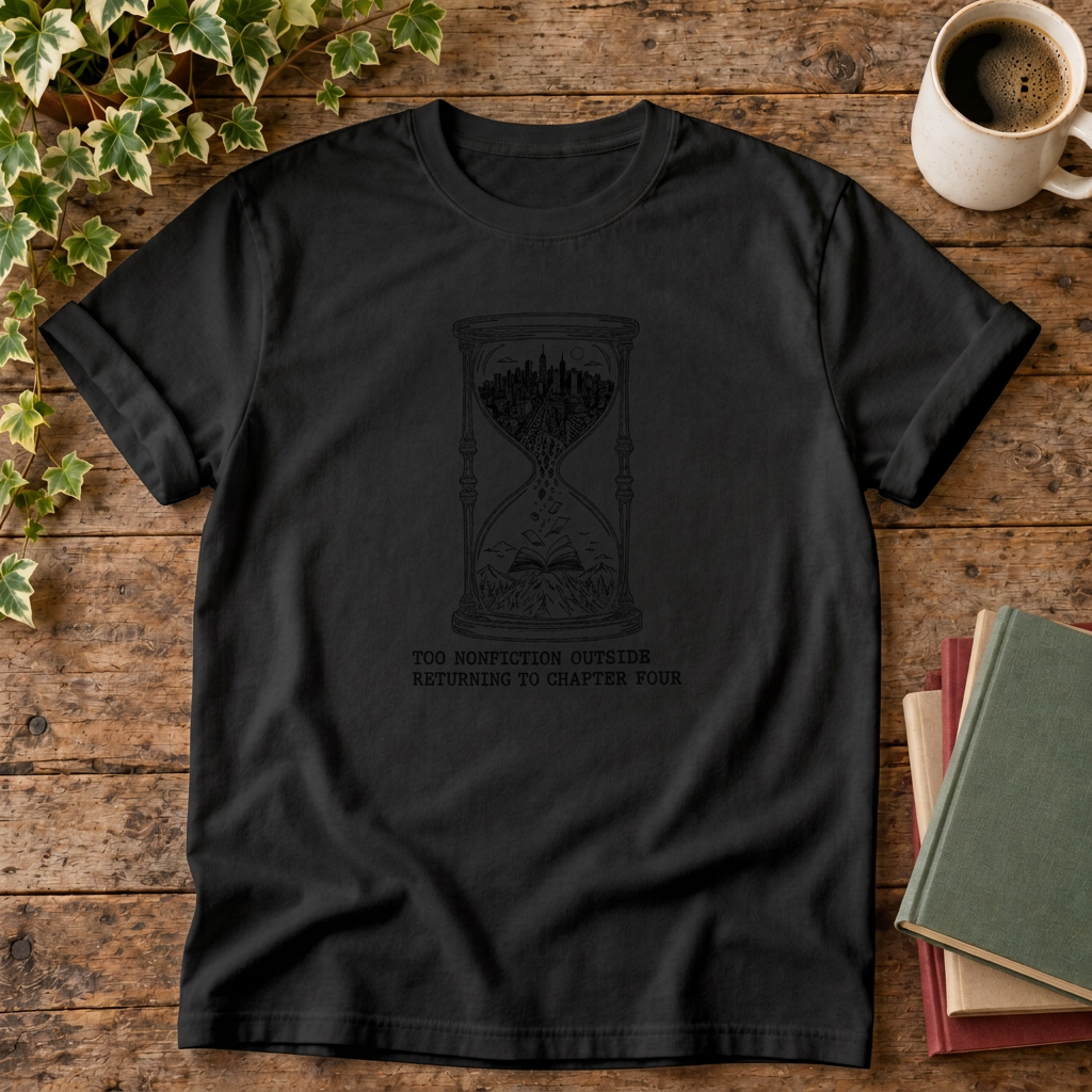 Too much fiction outside hourglass t-shirt in Black, rustic flat lay