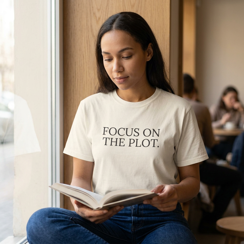 Woman reading wearing Focus on the plot T-shirt in Ivory