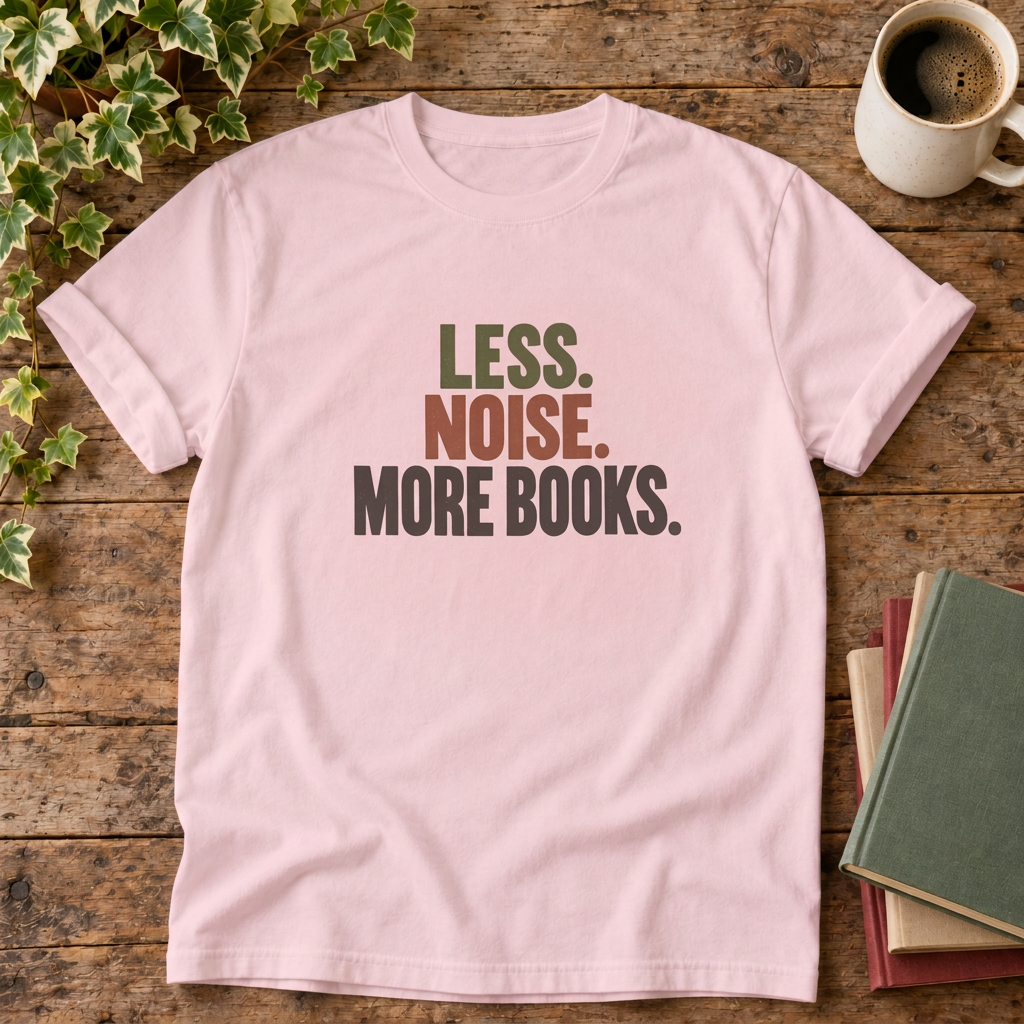 Less noise more books t-shirt in Blossom, rustic wood flat lay