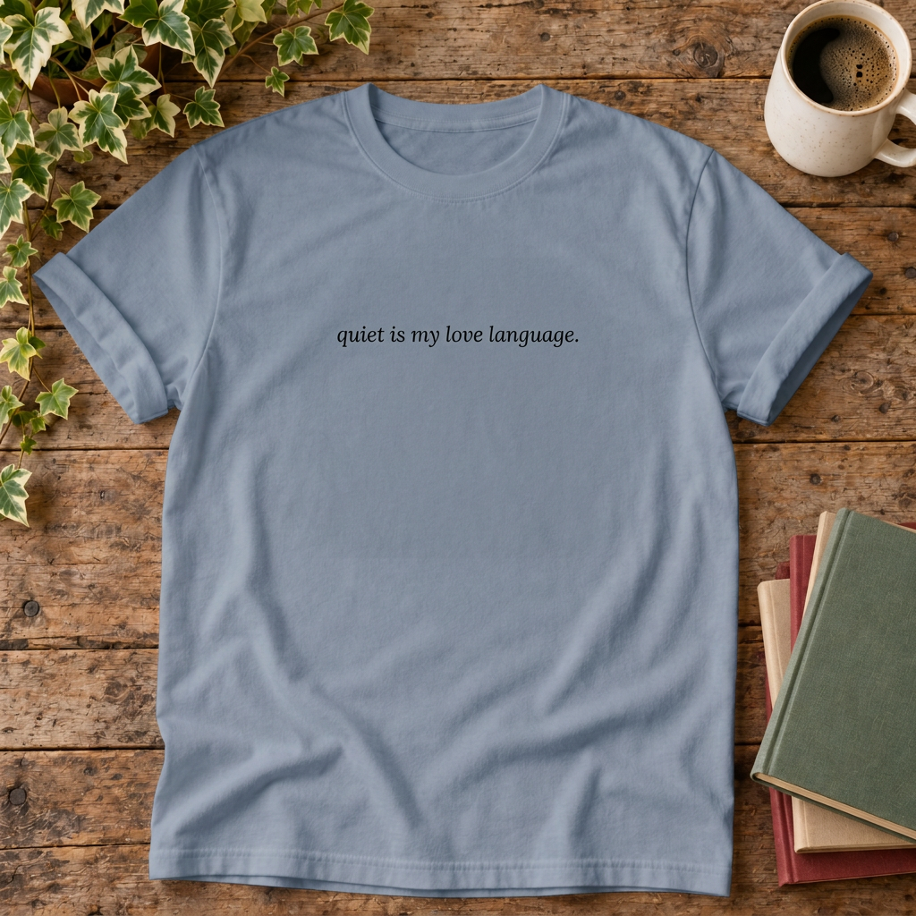 Blue Jean quiet is my love language t-shirt, stylised wood flat lay