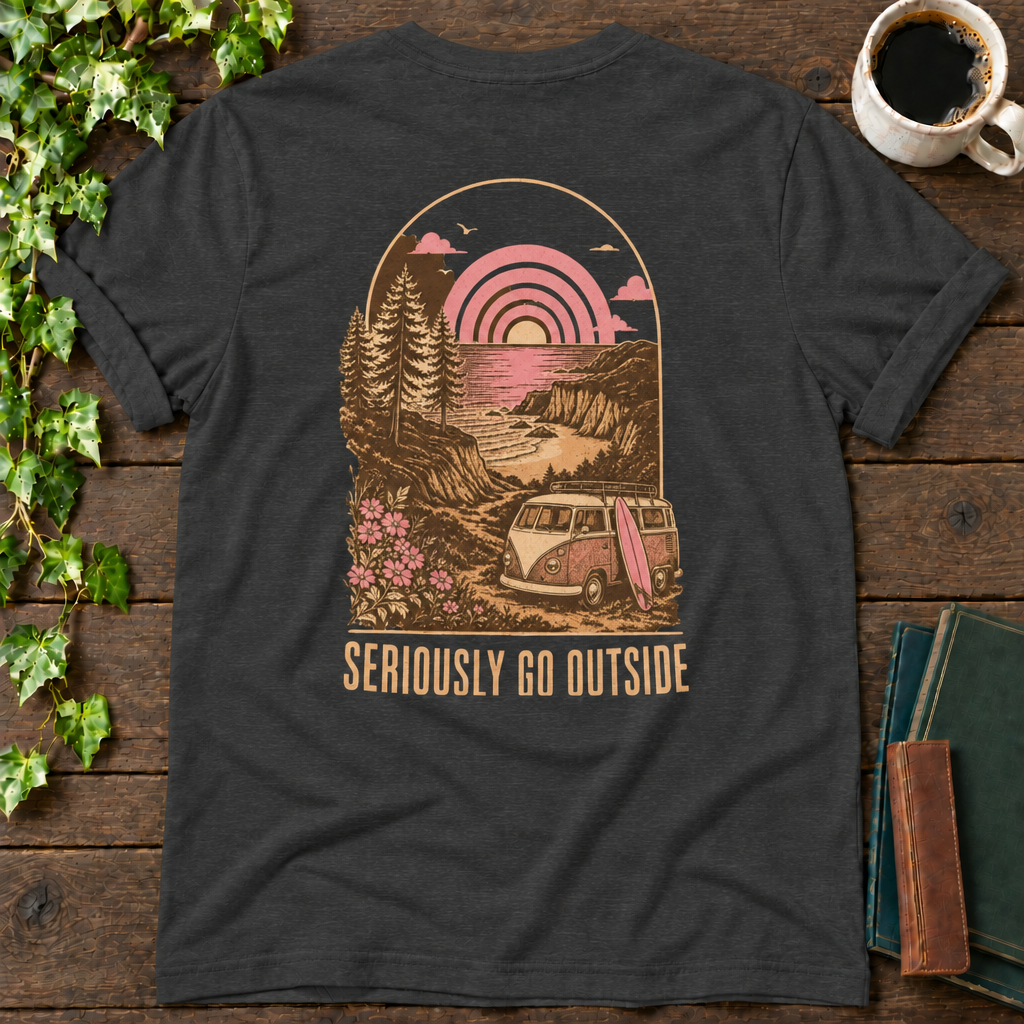 go outside. dark grey heather t-shirt back print flat lay
