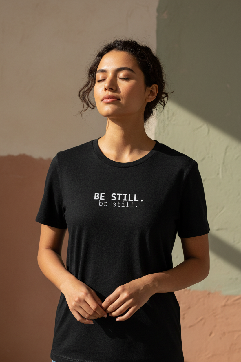 BE STILL. be still. — black tee lifestyle editorial, slow living aesthetic