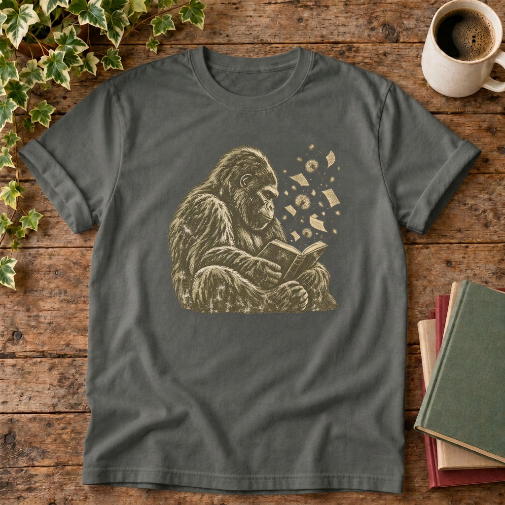 Gorilla Reading T-shirt in Pepper, stylised flat lay
