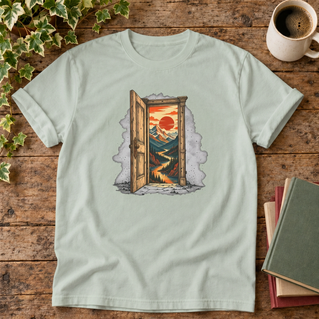 No notifications doorway graphic t-shirt in Bay, rustic flat lay